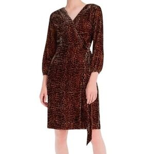 J.CREW Leopard Velvet Wrap Dress Viscose Long Sleeve Midi Brown‎ Size 6